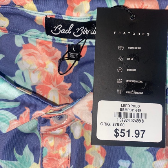 Bad Birdie Mens L Lei'd Polo Shirt Floral Aloha Golf Performance UPF 50 NWT - Picture 2 of 11